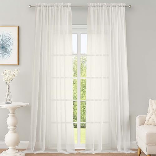 "OWENIE Ivory Sheer Curtains 108 Inches Long for Living Room Bedroom 2 Panels Set, Lightweight Airy Ivory Sheer Curtain, Filmy Voile Rod Pocket, 2 PCS, Each 59"" W x 108"" L"