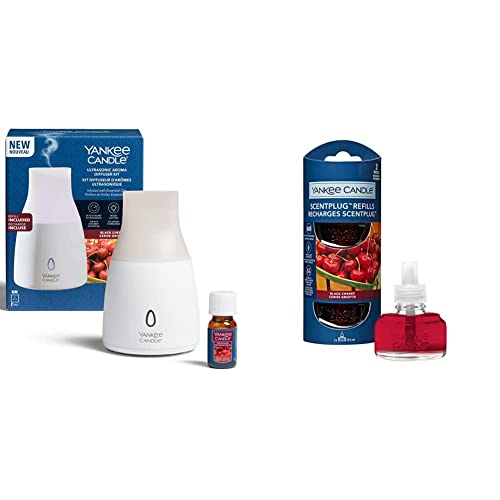 Yankee Candle Ultrasonic Aroma Diffuser Kit - Black Cherry Aroma Diffuser Oil - LED Colour Changing - Auto Off Timer & ScentPlug Fragrance Refills - Black Cherry Plug in Air Freshener Oil - 2 Count