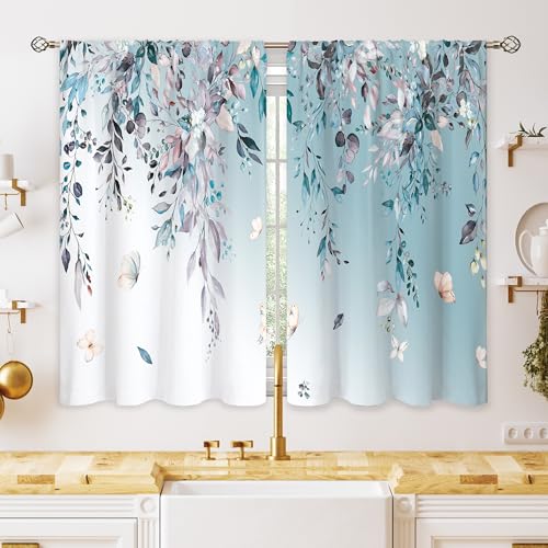 oolygoo Eucalyptus Botanical Leaves Floral Kitchen Window Curtains Butterfly Farmhouse Flower Leaf Small Window Treatment Blue Grey Cafe Short Curtains for Bathroom Treatment Tier Drapes 27.9x39 inch