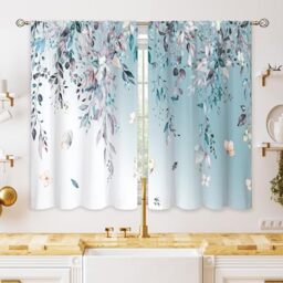 oolygoo Eucalyptus Botanical Leaves Floral Kitchen Window Curtains Butterfly Farmhouse Flower Leaf Small Window Treatment Blue Grey Cafe Short Curtains for Bathroom Treatment Tier Drapes 27.9x39 inch