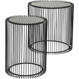 Kare Design Side Table Wire Black, Set of Two, Round, Diameter 44 cm, 33cm, Steel Rack, Safety Glass Tabletop, Modern Side Table for Living Room, Bedroom