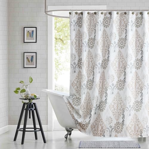 "BESTRIPES Stall Fabric Shower Curtain, White and Beige Boho Damask Print Shower Curtains for Bathroom, 54"" W x 72"" H"