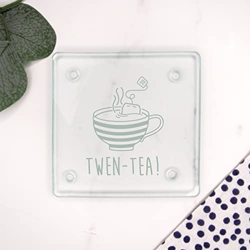 "Engraved Square Glass Coaster -""TWEN-TEA"" Design - 20th Milestone Birthday Gifts for Men, Him - Twentieth Gift for Friend, Brother, Son - Drinks Mat"