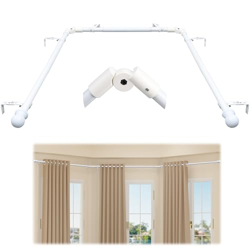 Lcokeiy U-Shape Bay Window Curtain Rods, White, 1 Inch, 59 to 184 Inches, Alloy Steel, Wall Mounted