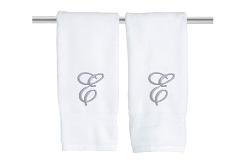 Decorvo White Monogrammed Hand Towels for Bathroom - Luxury Hotel Quality Personalized Initial Embroidered Towel for Powder Room, Spa - GOTS Organic Certified - Set of 2 Silver Letter E