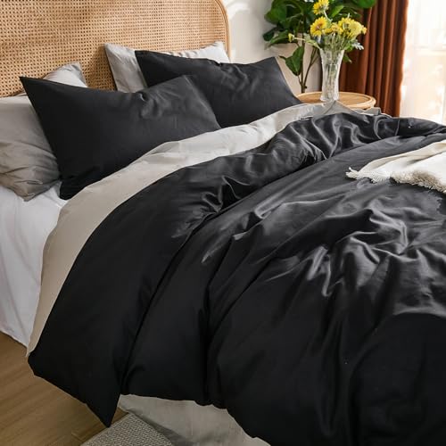 Cozaline 100% Cotton Comforter Set King Size ??? Black, Linen-Like Texture, Super Soft & Breathable Lightweight Bedding Set, 3-Piece Durable Percale Comforter for All Seasons