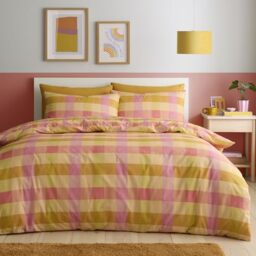 Fusion Block Check Orange Duvet Cover Set King 230 x 220cm – Easy Care Check Bedding with Modern Block Design, Includes 2 Pillowcases