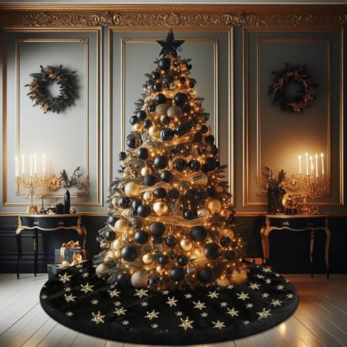 tiosggd Black Christmas Tree Skirt 48 inches Black Faux Fur with Gold Sequin Snowflakes Xmas Tree Mat for Holiday Christmas Halloween Winter New Year House Decorations