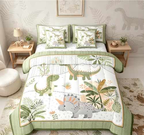 Feelyou Kids Cute Dinosaur 7 Piece Bedding Set Full Size Cartoon Dinosaur Comforter Set with Sheets for Boys Girls Teens Green Grey Bed in a Bag Coconut Plant Bed Set