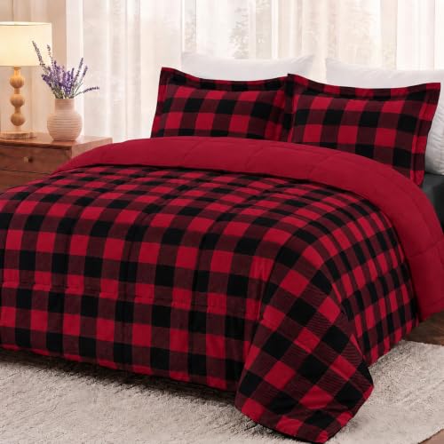 downluxe Lightweight Plaid Comforter Set (Twin) with 1 Pillow Sham - 2-Piece Set - Red/Black Plaid - Down Alternative Reversible Comforter