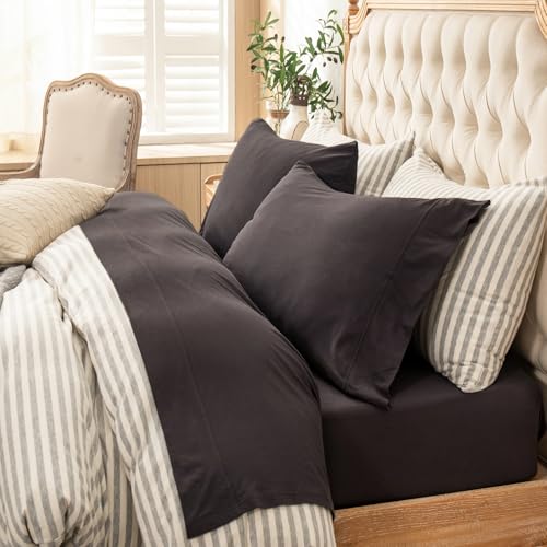 "PURE ERA Jersey Knit Sheet Set Solid Dark Brown King - 100% Cotton, 4 Piece Set, T Shirt Soft, Deep Pocket, Fits Mattresses Up to 20"" Deep, All Around Elastic, Modern and Casual"