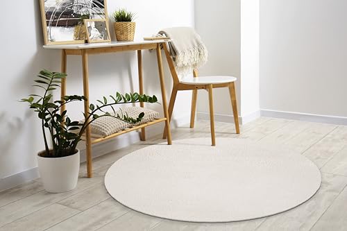 Mias Teppiche Comfort Modern Fluffy Short-Pile Carpet, Anti-Slip Backing, Washable up to 30 Degrees, Super Soft, Faux Fur Look, Creme, 160 cm round