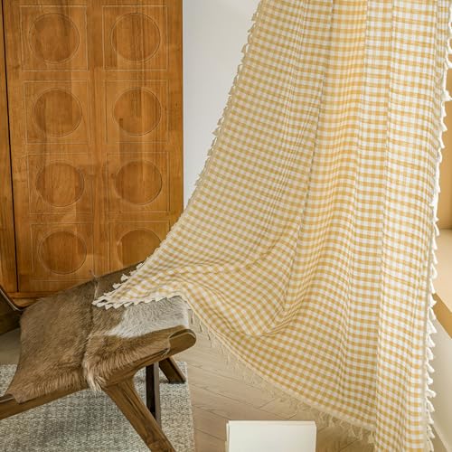 ENJOYBRIDAL Yellow Plaid 96 Inch Curtains for Bedroom Semi Sheer Drapes Rod Pocket Living Room Dining Room Long Window Curtains 2 Panel Sets Tassel Boho Cute Farmhouse Window Treatments