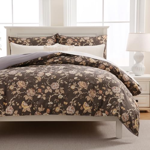 Zusbest Dark Brown Duvet Cover King 100% Cotton Shabby Vintage Floral Bedding Mocha Comforter Cover with Zipper, Soft Skin-Friendly Breathable, Peony Flower Print Bed Set, 3 Pcs
