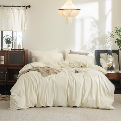 FOSSA Duvet Cover Set 100% Washed Cotton Linen Feel Super King - Super Soft Breathable Lightweight & All Season Bedding Set with Hidden Zipper & 8 Corner Ties (Cream White)