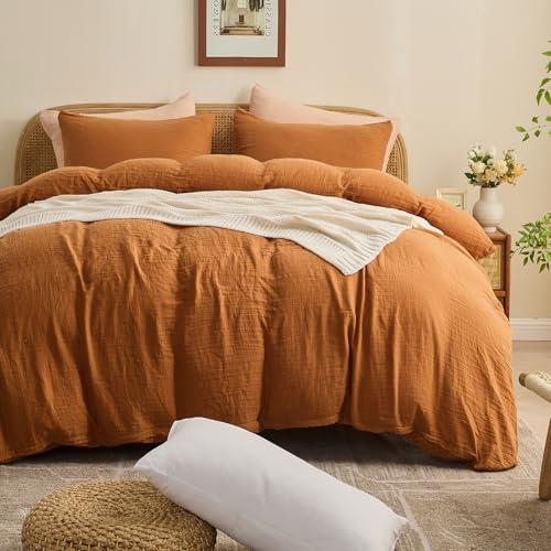 MEISHANG Muslin Duvet Cover Queen Size - 100% Organic Cotton, Soft Textured Gauze Weave Comforter Cover for Breathable All-Season with Zipper Closure - 3 Piece Set (Queen, Brown)
