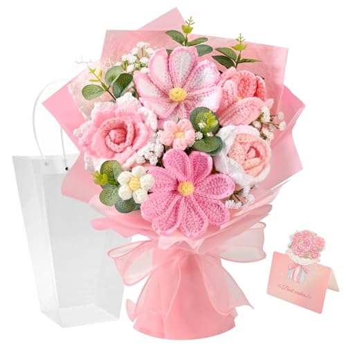 Waipfaru Pink Crochet Flower Bouquet, Handmade Knitted Fake Flowers with Card, Crochet Tulips Roses Flower for Valentines Day Anniversary Birthday Mother???s Day Women Mom Wife Friend
