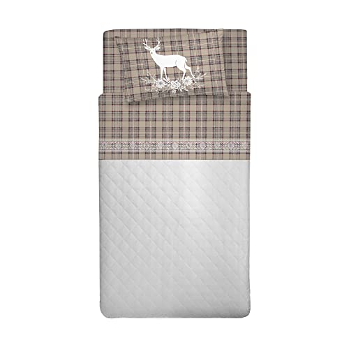 PENSIERI DELICATI 3/4 Bed Sheet Set, 100% Cotton, King Size, Beige Deer Tartan Pattern, Includes Fitted Sheet, Top Sheet and 1 Pillowcase, Made in Italy