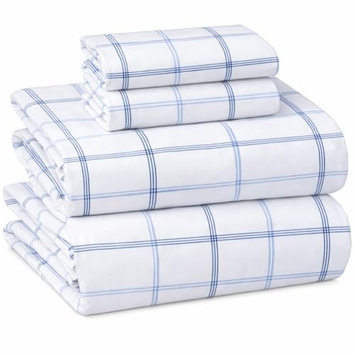 Briarwood Home 100% Cotton Printed Flannel Sheet Set 4 Piece Brushed Turkish Bedding Super Soft, Warm, Cozy, Deep Pocket & Breathable All-Season Sheets & Pillow Set (Classic Blue Plaid, King)