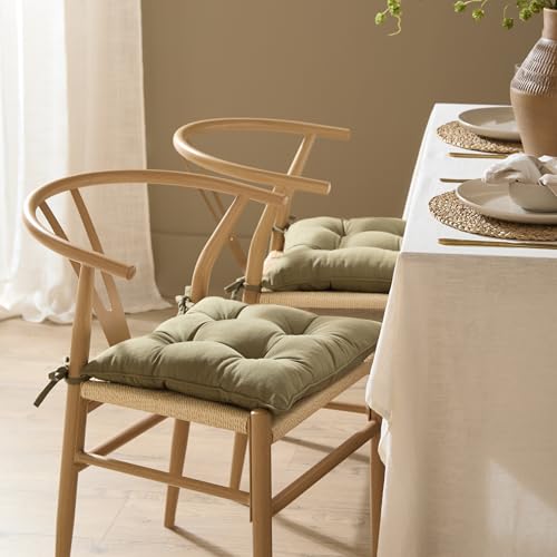 Yard furn Slub Cotton Seat Pads – Pack of 2 – Neutral Relaxed Minimalist Soft Washed Cotton Tie Chair Cushions (Moss – 40x40cm)