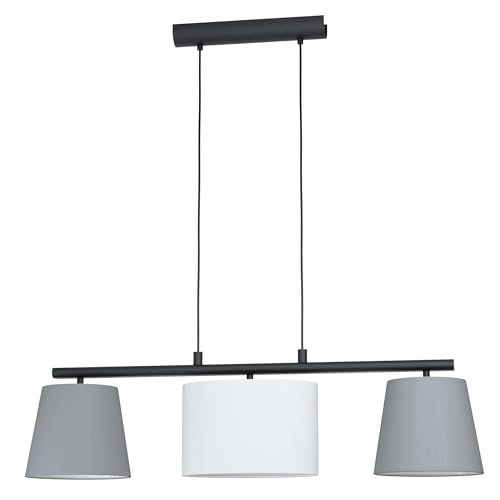 Eglo Pendant Lamp Almeida 1, 3-Light Textile Pendant Lamp, Hanging Light Made of Steel and Fabric, Colour: Black, Grey, White, Socket: E14, Length: 860 mm