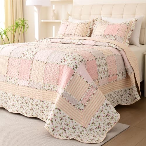 Cmfshape Floral Bedspread with 2 pillow shams-King Size,Patchwork Pink Quilt Set 3 Pieces,Summer Quilt for Girls Women,Lightweight Reversible Bed Coverlet for All Seasons(King106 x96 Pink&Yellow)