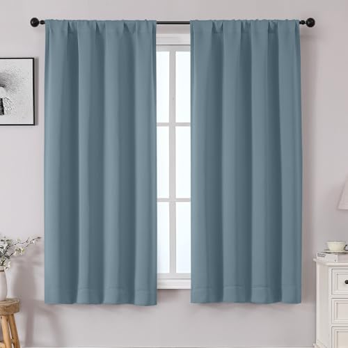 OWENIE Sally Stone Blue Blackout Curtains for Bedroom 63 Inch Length 2 Panels Set, Solid Thermal Insulated Energy Saving Rod Pocket Window Treatment Curtains Blackout Drapes, W40 x L63, Stone Blue