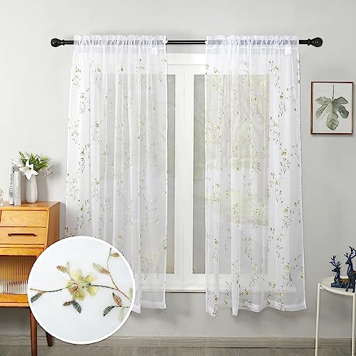 Taisier Home Floral White Sheer Curtains Flower Print Vine Embroidery Bedroom Curtain Rod Pocket Voile Curtains for Living Room, 52 x 45 inches Long, Set of 2 Panels,Yellow Buds with Brown Branch