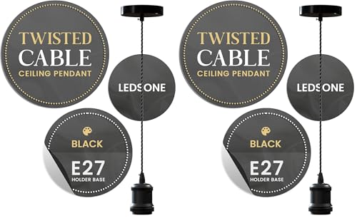 LEDSone Vintage Matt Black Pendant Light Fitting E27 – 1m Twisted Braided Cable Ceiling Lamp Holder Industrial Hanging Light Kit (Pack of 2)