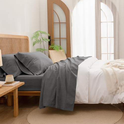BESTOUCH 100% Washed Cotton Linen Feel Super Soft Comfortable Chic Lightweight Bed Sheets Double 4 Pcs Home Bedding Set Solid Dark Grey Queen