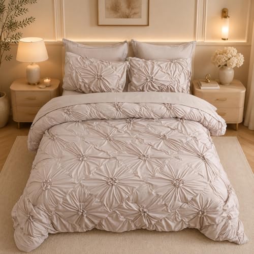 Nttopship Khaki Queen Comforter Set - 7 Pieces Bed in a Bag, Premium Comforters Queen Size Bed Set Pintuck Pinch Pleat Complete Comforter Set with Flat Sheet, Fitted Sheet and Pillowcases,Khaki