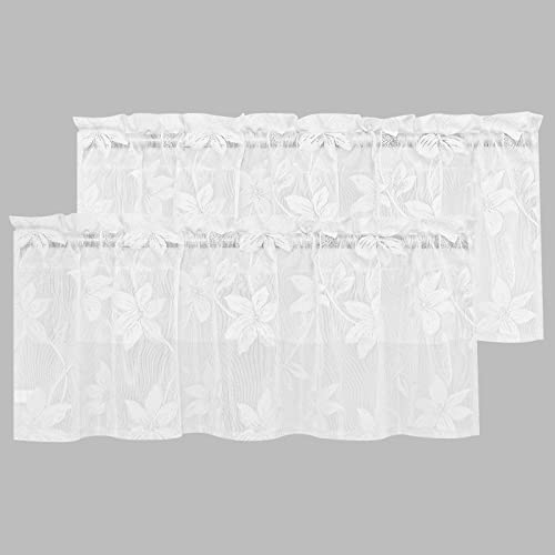 DWCN 2 Pack White Floral Lace Valances for Kitchen - Rod Pocket Half Window Sheer Curtains for Small Window Living Room Cafe, 42 x 12 inch, Lace White