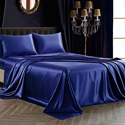 SiinvdaBZX 3Pcs Satin Sheet Set Twin Size 15-Inch Deep Pocket, Navy Blue - Ultra Silky Soft Satin Bed Sheets Similar to Silk Sheets, Includes 1 Fitted Sheet, 1 Flat Sheet, 1 Satin Pillowcases