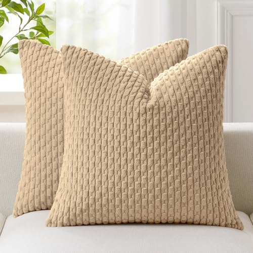 Kevin Textile Tan Throw Pillow Covers Soft Corduroy Decorative Set of 2 Boho Striped Pillow Covers Pillowcases Farmhouse Home Decor for Couch Bed Sofa Living Room 26x26 Inch