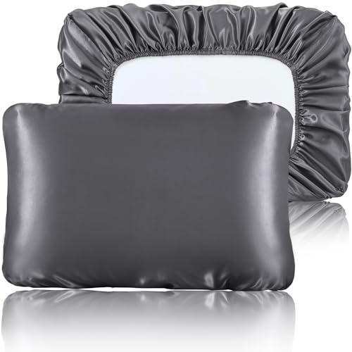 SiinvdaBZX Dark Grey Satin Pillowcase Standard/Queen Size Set of 2, Silky Travel Elastic Band Satin Pillow Case for Hair and Skin, Soft Portable & Fit for Various Pillow