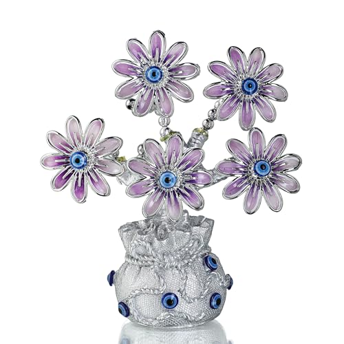 YU FENG Turkish Blue Evil Eye Pink Flowers Money Fortune Tree with Lucky Bag Vase Protection Good Luck Gift