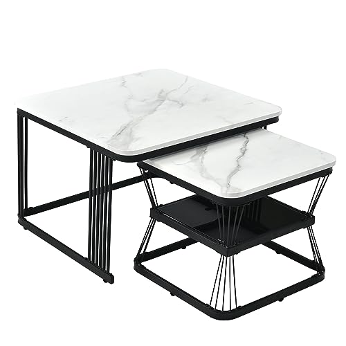 ModernLuxe 2-in-1 Coffee Table - Square Nest of Tables - Multi-functional Side Table with Black Metal Frame Legs and Marble Pattern White Top