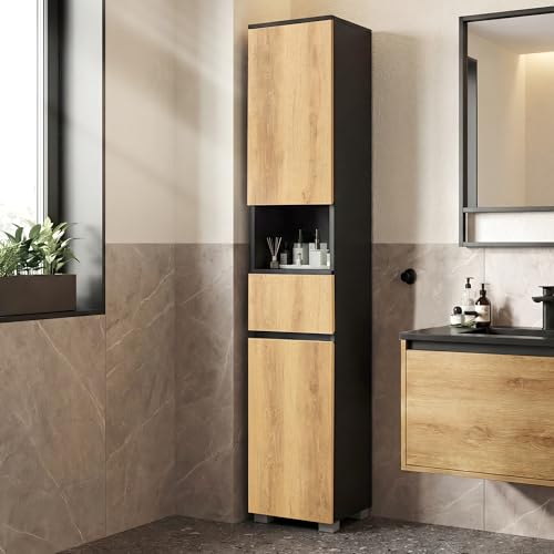 VASAGLE Tall Bathroom Cabinet, Slim Storage Cabinet, Narrow Cupboard, Bathroom Storage Unit, with a Drawer, Adjustable Shelves, 30 x 30 x 170.2 cm, Ink Black and Natural Brown BBK560BC01