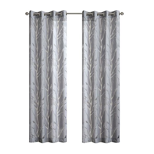 Madison Park Semi Sheer Curtain Modern Contemporary Botanical Print Out Design, Grommet Top, Single Window Drape for Living Room, Bedroom and Dorm, 50x95, Bird Grey