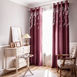 Melodieux Flower Embroidery Linen Blackout Burgundy Curtains for Living Room Bedroom Grommet Window Drape, White Flower, 52 by 84 Inch (1 Panel)