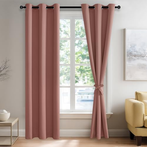 JIUZHEN Dried Rose Blackout Curtains with Tiebacks Thermal Insulated, Light Blocking and Noise Reducing Grommet Curtains for and Living Room, Set of 2 Window Curtain Panels, 42 x 84 Inch Length