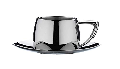 Caf?? Stal DC-508 Art Deco 18/10 Stainless Steel Espresso Cup & Saucer with Cool Touch Hollow Handles, Mirror Polished, Silver