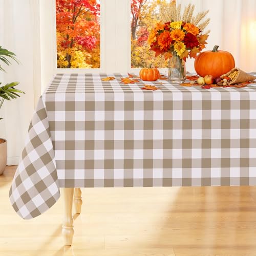 "Smiry Rectangle Vinyl Table Cloth, Waterproof Buffalo Flannel Backed Tablecloth, Wipeable Plastic Plaid Table Cover for Dinner, Picnic, Party and Outdoor (Khaki & White, 60"" x 84"")"