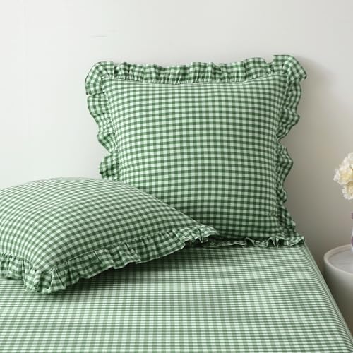 "K MASANIJI 2 Pack Green Gingham Ruffle Euro Sham Pillow Covers, 100% Washed Cotton Plaid Checkered Farmhouse Decorative Pillow Shams for Bed/Sofa - 22""x22"""