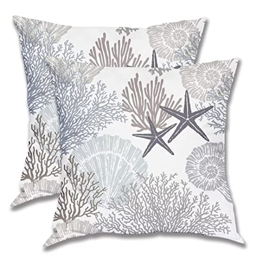 Ocean Starfish Throw Pillow Cover 18 X 18 Inch Pack of 2, Summer Nautical Coastal Themed Pillow Covers Square Cushion Farmhouse Beach Seashell Coral Pillow Cases for Bedroom Living Room Patio - Brown
