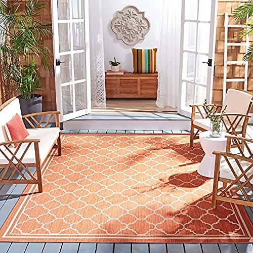SAFAVIEH Trellis Rug for Indoor & Outdoor - Courtyard Collection, Short Pile, in Terracotta and Bone color, 79 X 152 cm