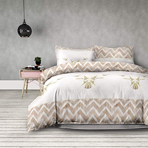 AmeliaHome 06587 2-Piece Flannelette Bed Linen 135 x 200 cm with 1 Pillowcase 80 x 80 cm 100% Cotton Wave Pattern Set Duvet Cover Zip Snuggy Collection Geodeer Deer White Beige