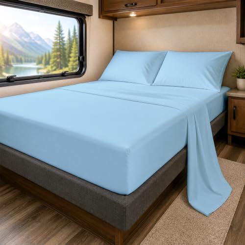 SlumberWell 4 Piece Luxury Soft Microfiber Fitted Bed Sheet Set for Campers, 8 to 12 Inch Deep Pocket, RV Bunk 42 x 80, Light Blue