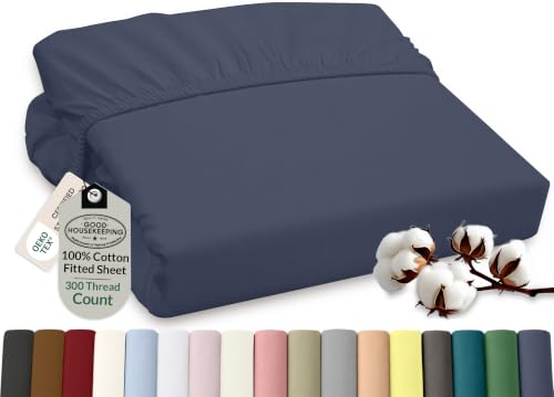 "ROYALE LINENS 100% Cotton Fitted Sheet 300 Thread Count Ultra Soft Wrinkle & Fade Resistant Bottom Sheet Deep Pocket Stretches up to 16"" Elastic Fitted Sheet Only (King,"