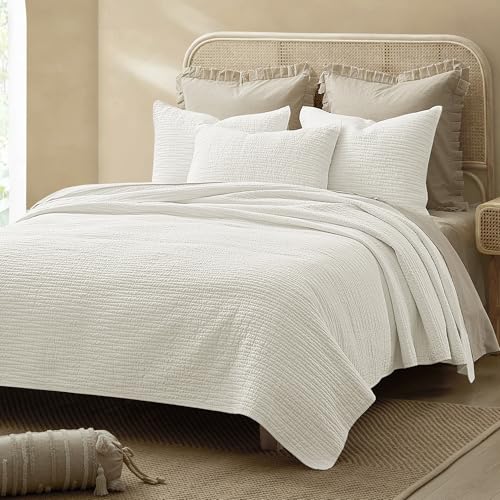 Wonderful White Quilt King Size, Cotton Linen Quilt Set Cotton Filling, 3 Piece Pre-Washed Flaxen Striped Bedspread Coverlet, Wave Stitched Linen Blend Flax Colth Quilted Bedding Set for All Season